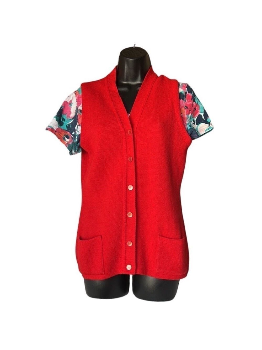 CARLYLE Vintage Red Acrylic Knit Grandma Core Vest with Pockets Size M